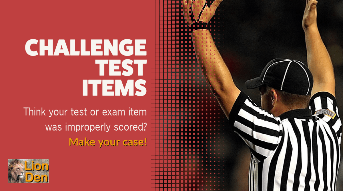 test challenge photo of referee with words: challenge test items; Think your test or exam items was improperly scored? Make your case!