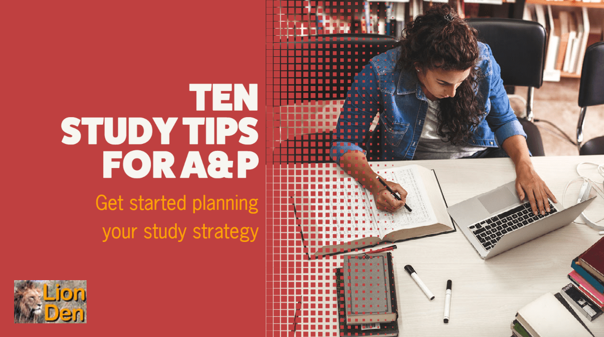 Study tips for AP photo of person studying; text: ten study tips for A&P, get started planning your study strategy