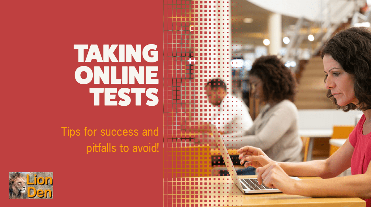 taking online tests photo of students taking online test with text: taking online tests, tips for success and pitfalls to avoid